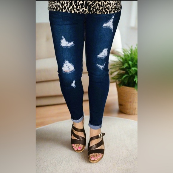 Small NEW Womens JVINI Designer Distressed Ripped Jean Jeggings, Dark Wash - Picture 5 of 11